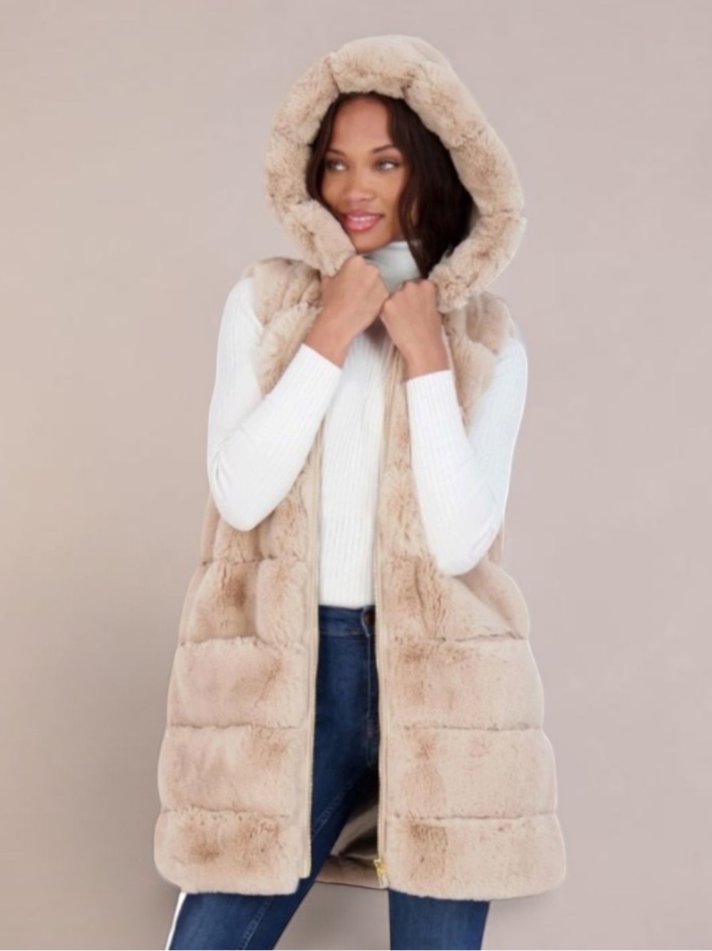 New! VIA SPIGA Grooved Faux Fur Hooded Zip Front Vest